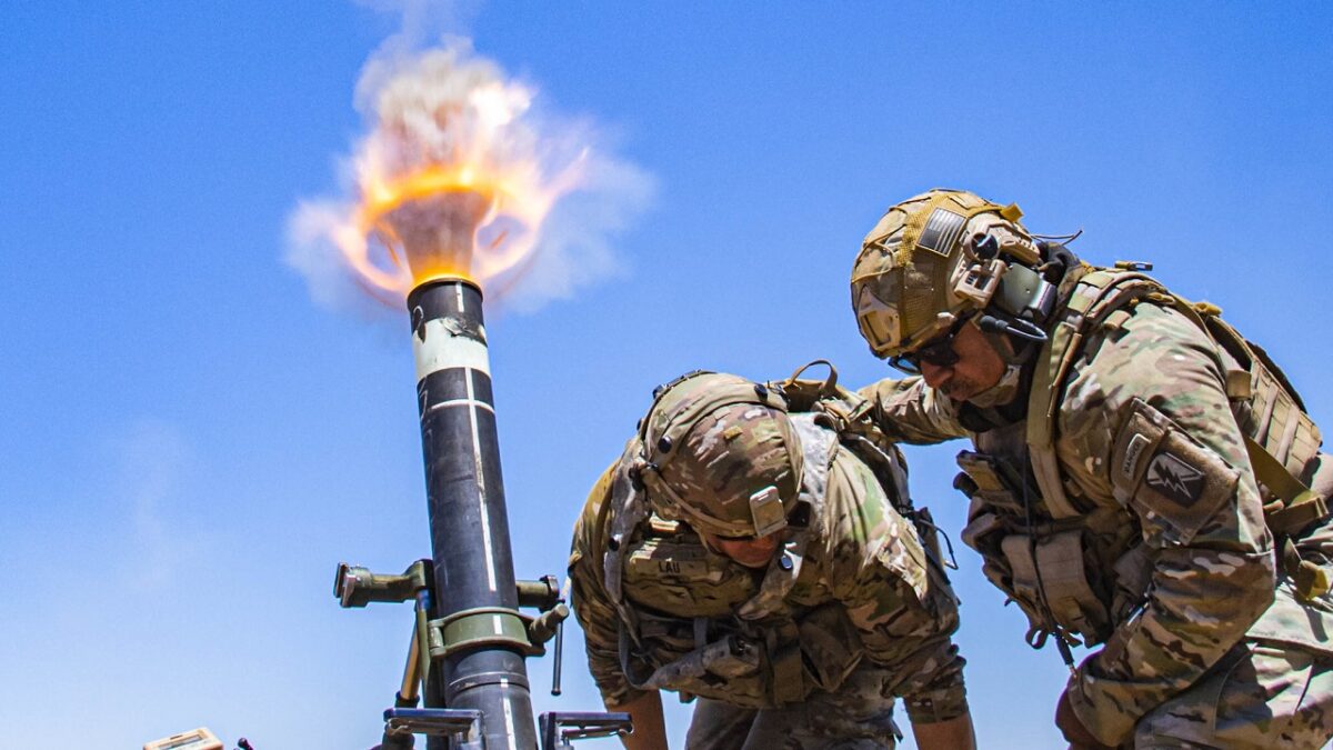 Army Col. Randy Lau fires a 120 mm mortar during live-fire exercise at Camp Roberts, Calif., June 15, 2021. U.S. Army photo by Staff Sgt. Walter Lowell