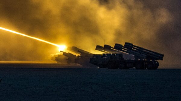 U.S. Soldiers assigned to the 65th Field Artillery Brigade, and soldiers from the Kuwait Land Forces fire their High Mobility Artillery Rocket Systems (U.S.) and BM-30 Smerch rocket systems (Kuwait) during a joint live-fire exercise, Jan. 8, 2019, near Camp Buehring, Kuwait. The U.S. and Kuwaiti forces train together frequently to maintain a high level of combat readiness and to maintain effective communication between the two forces. (U.S. Army photo by Sgt. James Lefty Larimer)