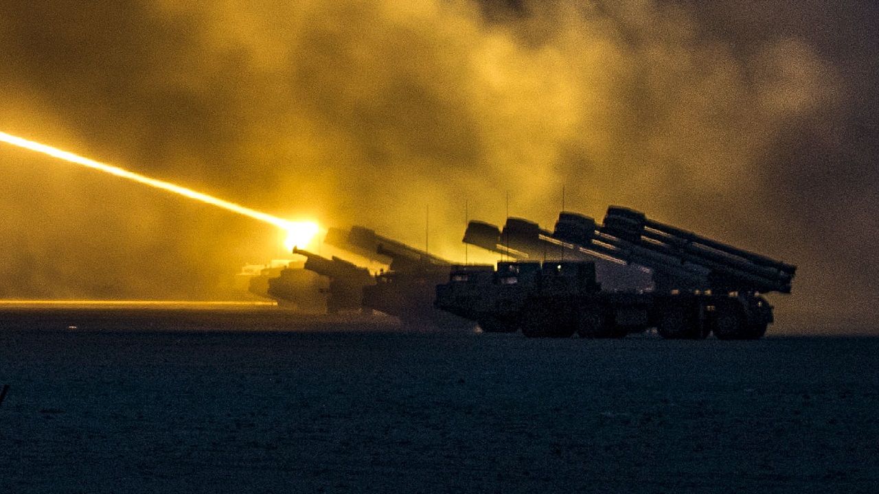 U.S. Soldiers assigned to the 65th Field Artillery Brigade, and soldiers from the Kuwait Land Forces fire their High Mobility Artillery Rocket Systems (U.S.) and BM-30 Smerch rocket systems (Kuwait) during a joint live-fire exercise, Jan. 8, 2019, near Camp Buehring, Kuwait. The U.S. and Kuwaiti forces train together frequently to maintain a high level of combat readiness and to maintain effective communication between the two forces. (U.S. Army photo by Sgt. James Lefty Larimer)