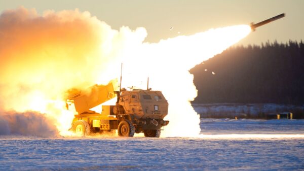 A U.S. Army M142 High Mobility Artillery Rocket Systems (HIMARS) launches ordnance during RED FLAG-Alaska 21-1 at Fort Greely, Alaska, Oct. 22, 2020. This exercise focuses on rapid infiltration and exfiltration to minimize the chance of a counterattack. (U.S. Air Force photo by Senior Airman Beaux Hebert)