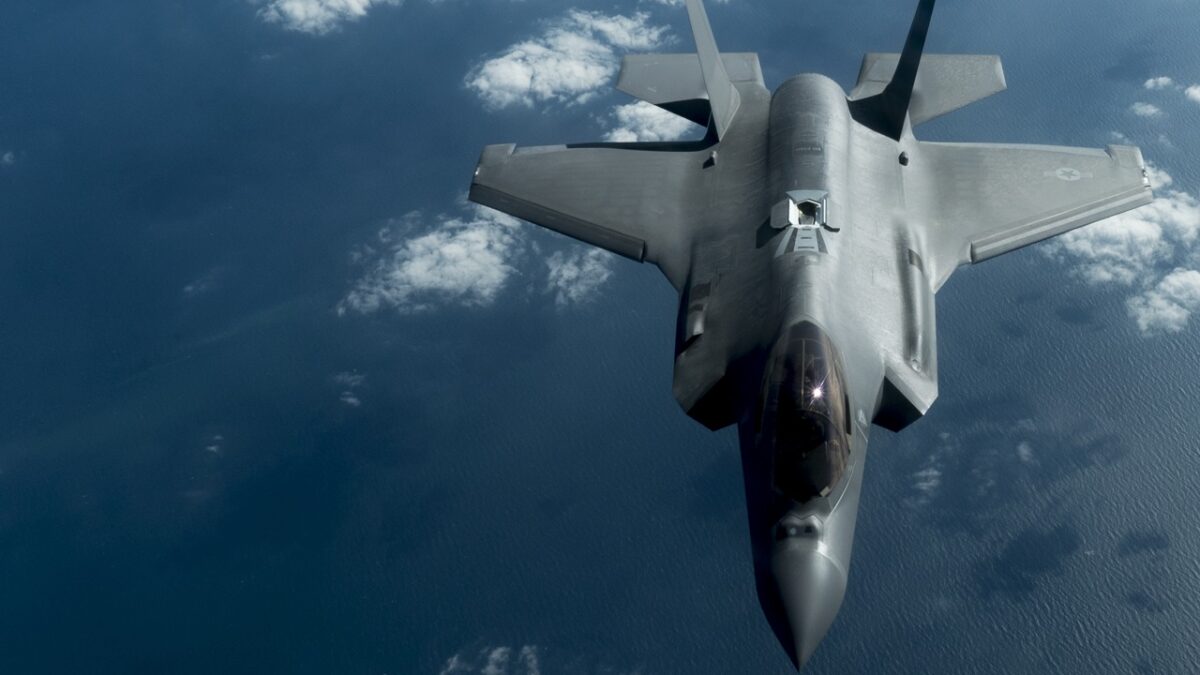 A U.S. Air Force F-35 Lightning II aircraft, assigned to the 34th Expeditionary Fighter Squadron, flies over the U.S. Central Command area of responsibility, Jan. 07, 2019. The Lightning II is a fifth-generation fighter, combining advanced stealth with fighter speed and agility that provides U.S. Air Forces Central Command lethal war-winning airpower. (U.S. Air Force photo by Senior Airman Brandon Cribelar)