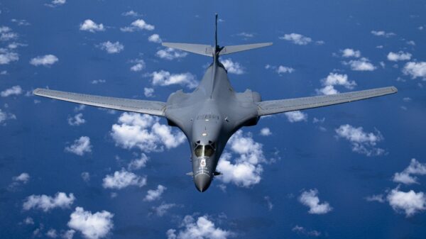 A U.S. Air Force B-1B Lancer, attached to the 34th Expeditionary Bomb Squadron, Ellsworth Air Force Base, South Dakota, flies over the Pacific Ocean after taking off from Andersen Air Force Base, Guam, June 12, 2022. Bomber Task Force missions contribute to joint force lethality and deter aggression in the Indo-Pacific by demonstrating the United States Air Force’s ability to operate anywhere in the world at any time in support of the National Defense Strategy. (U.S. Air Force Photo by Tech. Sgt. Chris Hibben)