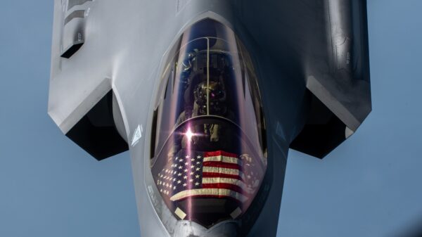 An F-35A Lightning II from the 354th Fighter Wing, Eielson Air Force Base, Alaska, flies behind a KC-135 Stratotanker assigned to the 117th Air Refueling Squadron, Forbes Field Air National Guard Base, Kansas, over the Indo-Pacific, March 10, 2022. Aircrews routinely fly missions aimed at sharpening the necessary skills needed to respond to emerging situations at a moment’s notice. (U.S. Air Force photo by Airman 1st Class Yosselin Perla)