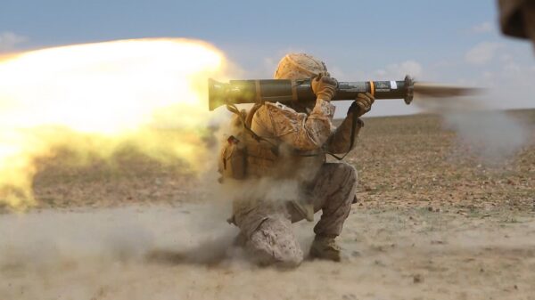 A Marine with Company G, 2nd Battalion, 7th Marine Regiment, Special Purpose Marine Air Ground Task Force – Crisis Response – Central Command, fires an AT4 antitank rocket launcher in the Central Command area of operations, March 23, 2015. The 2/7 Marines participated in a range that tests their ability to conduct an integrated combined arms assault against a simulated enemy position. (U.S. Marine Corps photo by Cpl. Will Perkins/Released)