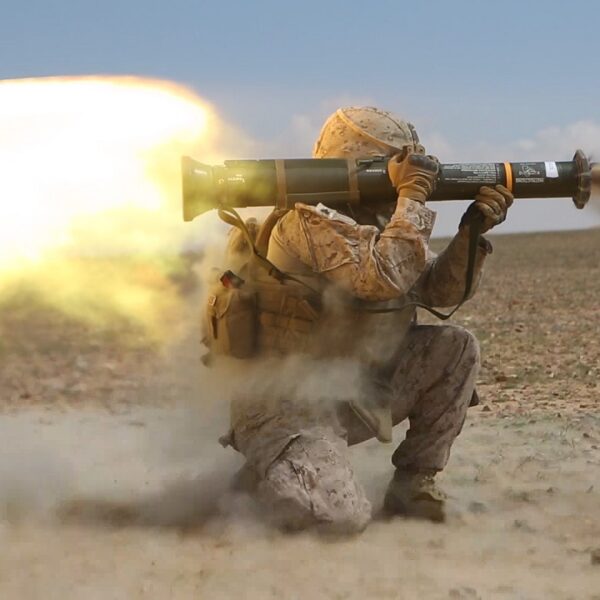 A Marine with Company G, 2nd Battalion, 7th Marine Regiment, Special Purpose Marine Air Ground Task Force – Crisis Response – Central Command, fires an AT4 antitank rocket launcher in the Central Command area of operations, March 23, 2015. The 2/7 Marines participated in a range that tests their ability to conduct an integrated combined arms assault against a simulated enemy position. (U.S. Marine Corps photo by Cpl. Will Perkins/Released)