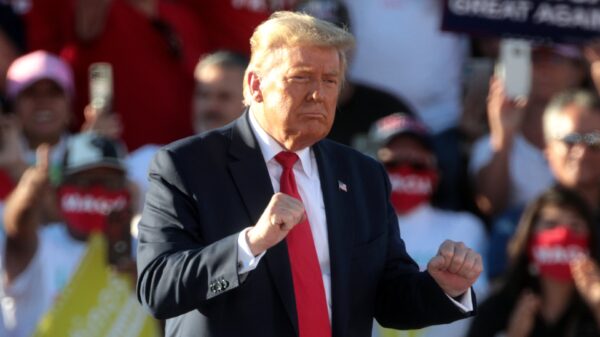 President of the United States Donald Trump dancing at the conclusion of a "Make America Great Again" campaign rally at Phoenix Goodyear Airport in Goodyear, Arizona.