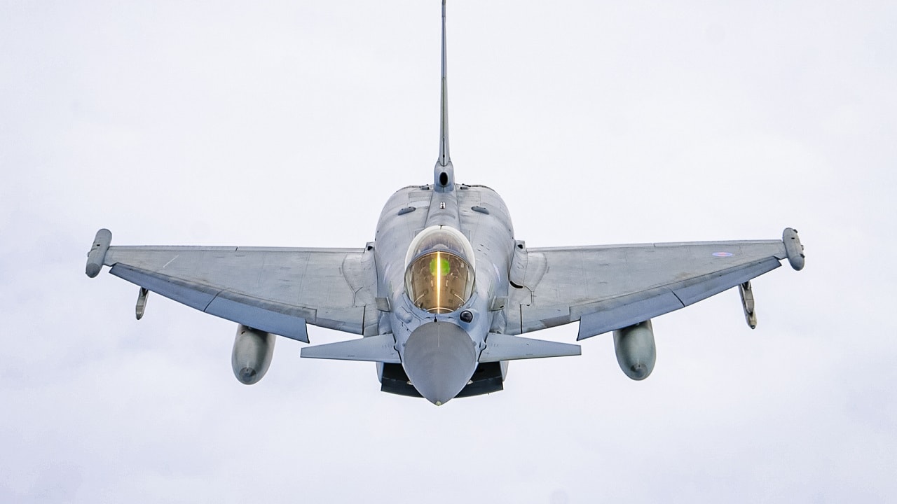 A UK Typhoon flies above the Baltics on 25 May 2022. Image Credit: NATO.