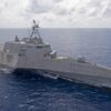 SOUTH CHINA SEA (March 20, 2020) The Independence-variant littoral combat ship USS Gabrielle Giffords (LCS 10) patrols the South China Sea, March 20, 2020. Gabrielle Giffords, part of Destroyer Squadron (DESRON) 7, is on a rotational deployment, operating in the U.S. 7th Fleet area of operations to enhance interoperability with partners and serve as a ready-response force.(U.S. Navy photo by Mass Communication Specialist 2nd Class Brenton Poyser/Released)