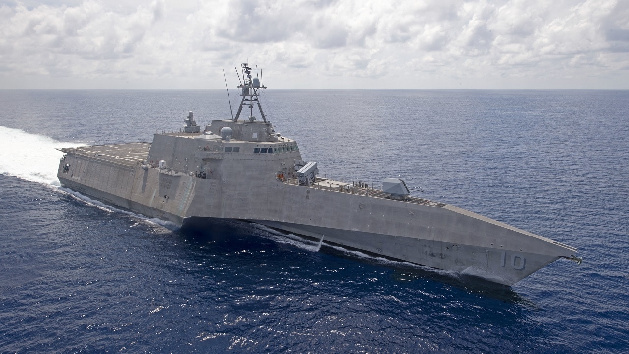 SOUTH CHINA SEA (March 20, 2020) The Independence-variant littoral combat ship USS Gabrielle Giffords (LCS 10) patrols the South China Sea, March 20, 2020. Gabrielle Giffords, part of Destroyer Squadron (DESRON) 7, is on a rotational deployment, operating in the U.S. 7th Fleet area of operations to enhance interoperability with partners and serve as a ready-response force.(U.S. Navy photo by Mass Communication Specialist 2nd Class Brenton Poyser/Released)