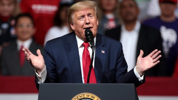 President of the United States Donald Trump speaking with supporters at a "Keep America Great" rally at Arizona Veterans Memorial Coliseum in Phoenix, Arizona. From Gage Skidmore.
