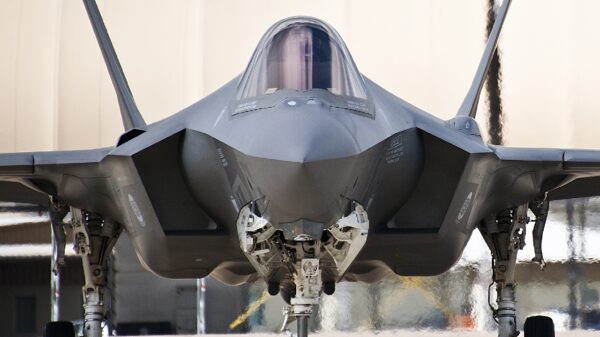 An F-35A Lightning II pilot turns his aircraft along the yellow taxi line on the 33rd Fighter Wing flightline at Eglin Air Force Base, Fla. (U.S. Air Force photo by Samuel King Jr./Released)