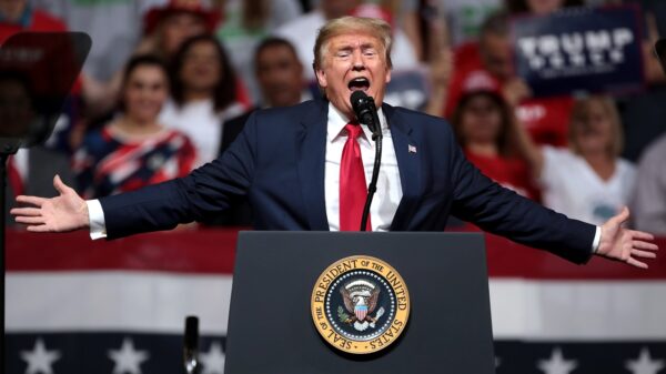 President of the United States Donald Trump speaking with supporters at a "Keep America Great" rally at Arizona Veterans Memorial Coliseum in Phoenix, Arizona. Image by Gage Skidmore.