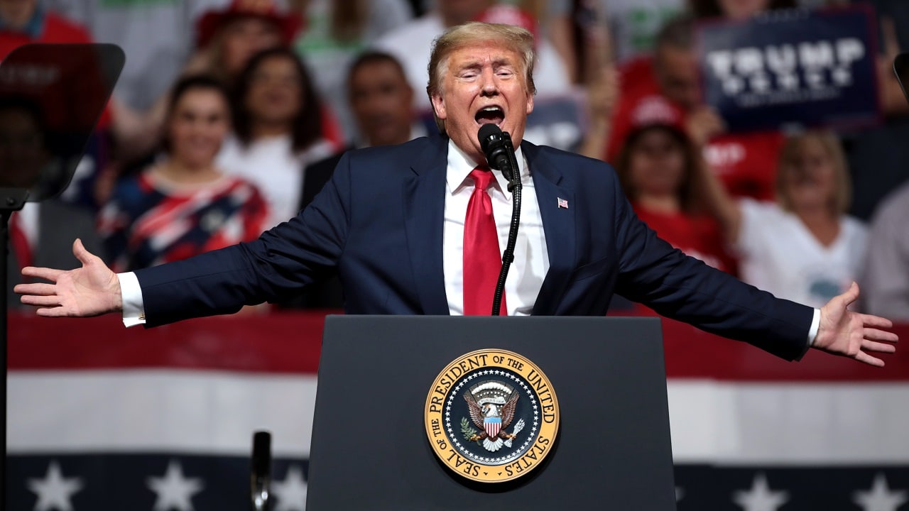 President of the United States Donald Trump speaking with supporters at a "Keep America Great" rally at Arizona Veterans Memorial Coliseum in Phoenix, Arizona. Image by Gage Skidmore.