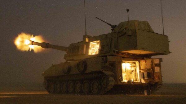 U.S. Army Soldiers assigned to Alpha Battery, 3rd Battalion, 29th Field Artillery Regiment, 4th Infantry Division, fire a M109A6 Paladin in support of the joint training exercise Eager Lion ’19 at Training Area 1, Jordan, Aug. 27, 2019. Eager Lion is an annual, multinational training event in its ninth iteration which enables partnered nations to strengthen military relationships and exchange expertise. (U.S. Army photo by Spc. Angel Ruszkiewicz)