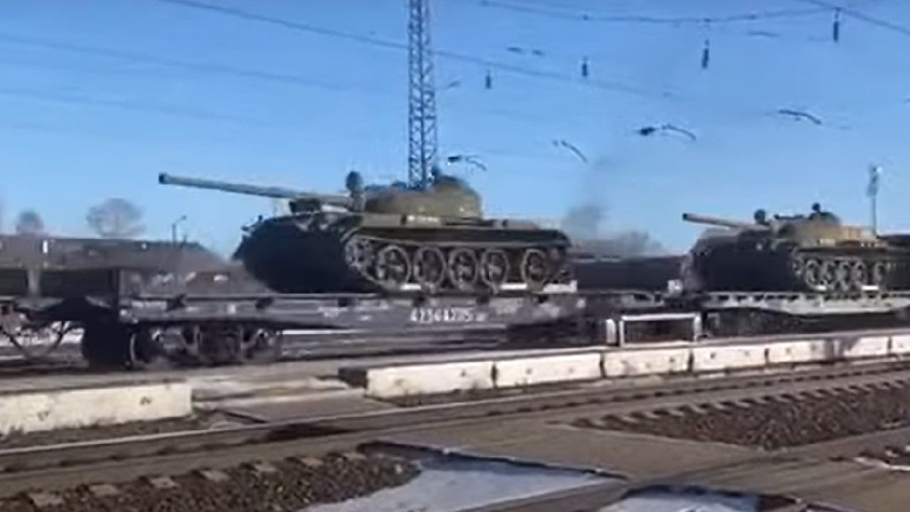 T-54 or T-55 Tanks Heading to Ukraine. Image Credit: Twitter Screenshot.