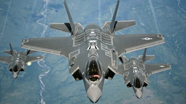 F-35A Lightning II aircraft receive fuel from a KC-10 Extender from Travis Air Force Base, Calif., July 13, 2015, during a flight from England to the U.S. The fighters were returning to Luke AFB, Ariz., after participating in the world's largest air show, the Royal International Air Tattoo. (U.S. Air Force photo/Staff Sgt. Madelyn Brown)