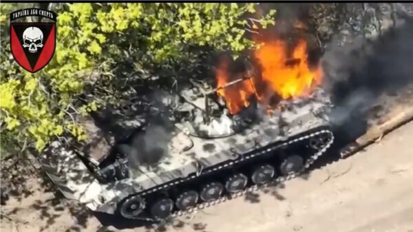 BMP-2 Destroyed by Ukraine. Image Credit: Social Media Screenshot.