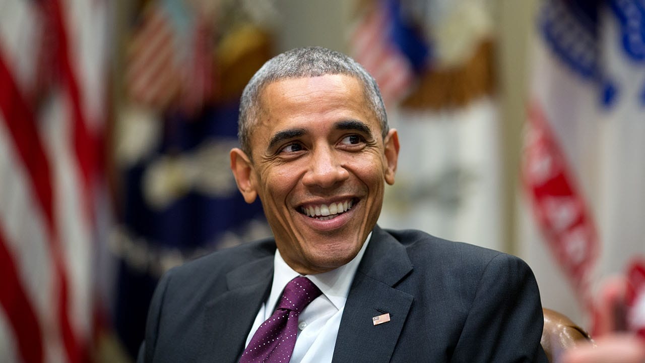 President Barack Obama laughs during a meeting in the Roosevelt Room of the White House, Nov. 17, 2014. (Official White House Photo by Pete Souza).