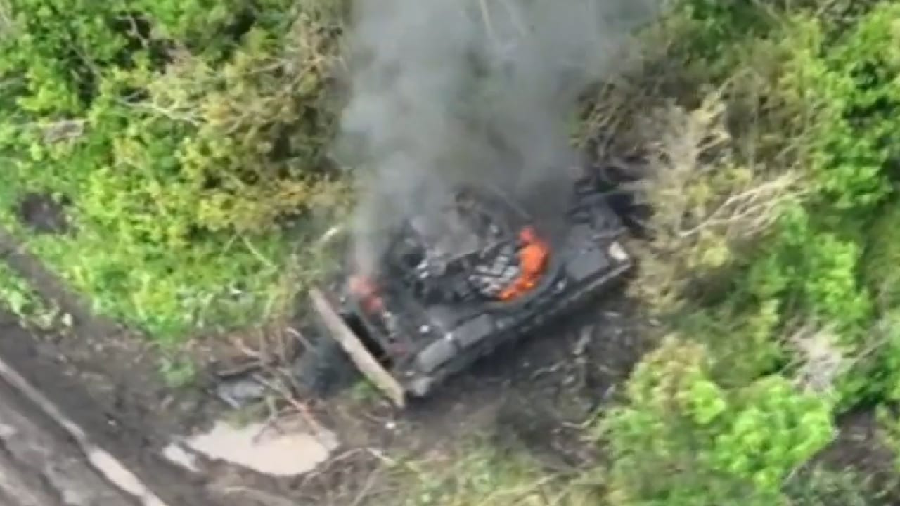 Russian T-62 Tank on Fire in Ukraine. Image Credit - Twitter Screenshot