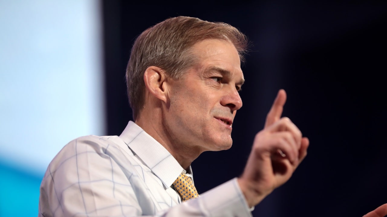 U.S. Congressman Jim Jordan speaking with attendees at the 2021 AmericaFest at the Phoenix Convention Center in Phoenix, Arizona. By Gage Skidmore.