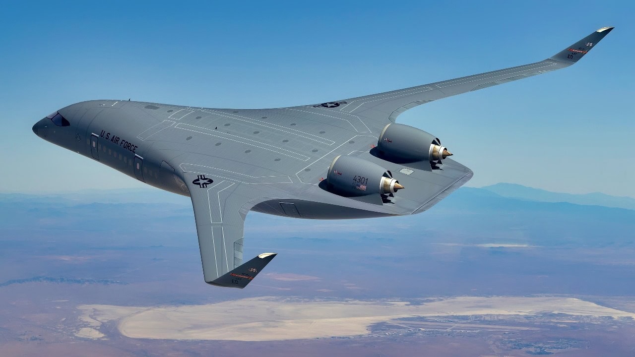 Shown is a rendering of the blended wing body prototype aircraft. On Aug. 16, 2023, the Department of the Air Force selected JetZero for the BWB prototype aircraft project. The effort aims to mature BWB technology and demonstrate its capabilities, giving the department and commercial industry more options for future air platforms.