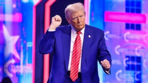 President-elect of the United States Donald Trump speaking with attendees at the 2024 AmericaFest at the Phoenix Convention Center in Phoenix, Arizona.