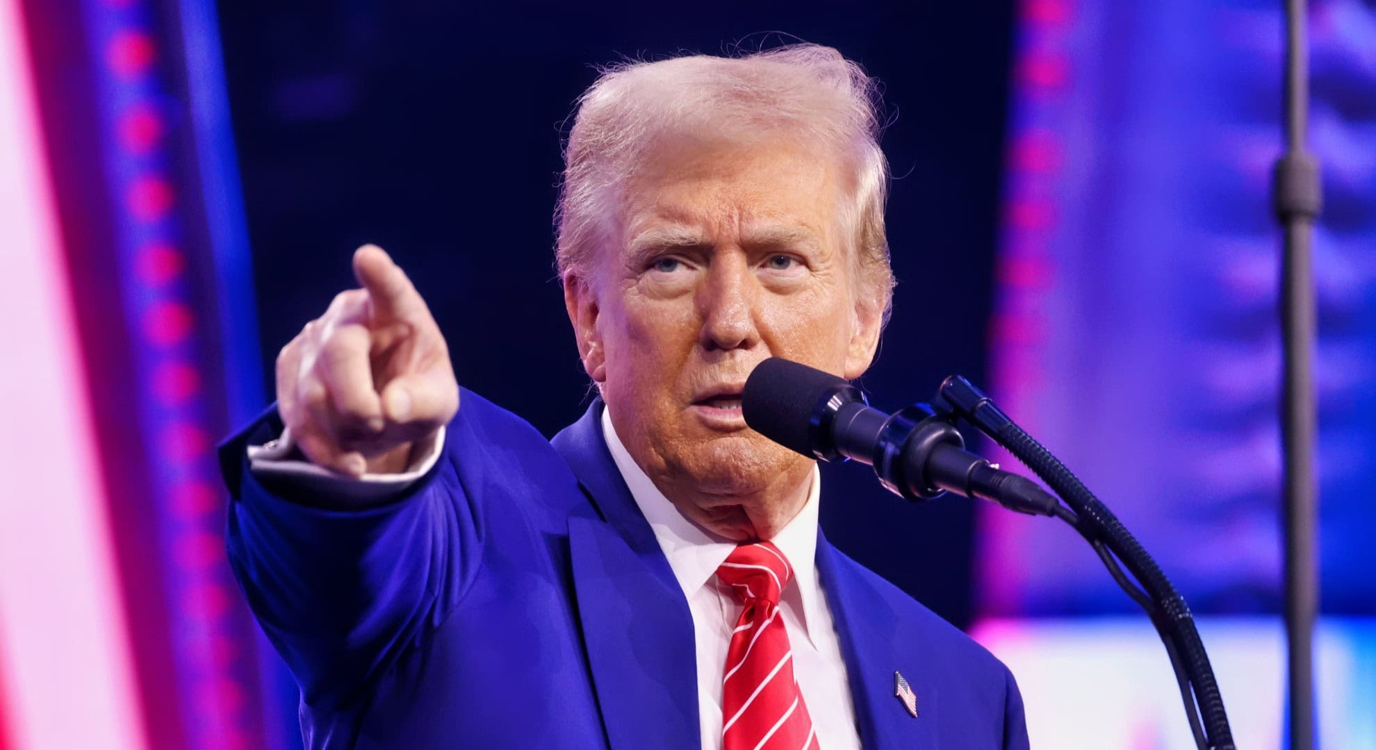 President-elect of the United States Donald Trump speaking with attendees at the 2024 AmericaFest at the Phoenix Convention Center in Phoenix, Arizona.