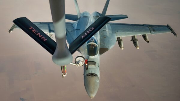A U.S. Navy F/A-18 Super Hornet receives fuel from a KC-135 Stratotanker over Iraq in support of Operation Inherent Resolve Oct 17, 2016. The KC-135 provides the core aerial refueling capability for the U.S. Air Force and has excelled in this role for more than 50 years. (U.S. Air Force photo by Staff Sgt. Douglas Ellis/Released)