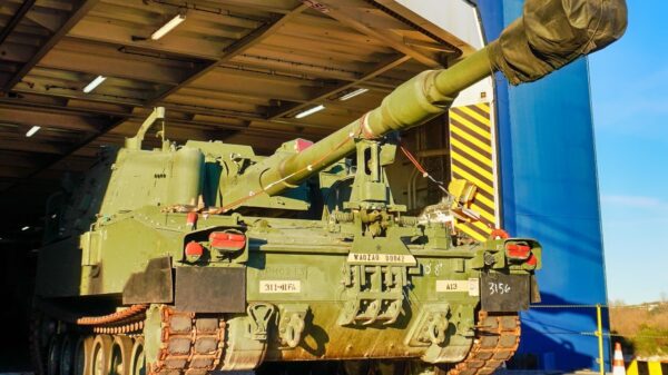 A U.S. M109 Paladin howitzer drives off the vessel Liberty Peace during offloading operations at the port of Koper, Slovenia on December 28, 2024. This Reception, Staging, and Onward Movement (RSOM) operation in the port of Koper is bringing in 1-3ID, the next Regionally Aligned Force (RAF), into the European Theater. These forces will be then transported by the 21st Theater Sustainment Command to their forward operating sites across NATO where they will conduct interoperability training with Allies and partners. The intent of these RAFs is to assure our allies and deter all adversaries.