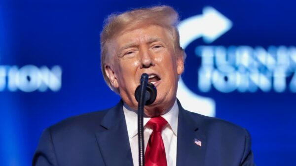 Former President of the United States Donald Trump speaking with attendees at the 2022 Student Action Summit at the Tampa Convention Center in Tampa, Florida.