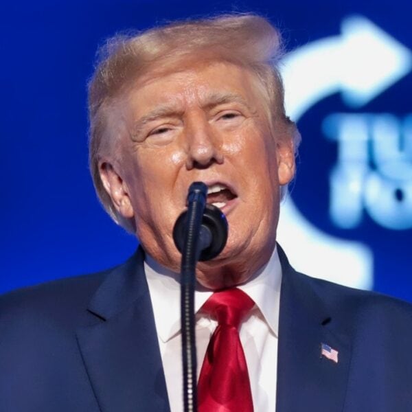 Former President of the United States Donald Trump speaking with attendees at the 2022 Student Action Summit at the Tampa Convention Center in Tampa, Florida.