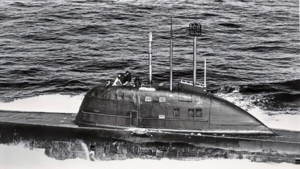 A port view of the sail of a Soviet Victor-II class nuclear-powered attack submarine underway.
