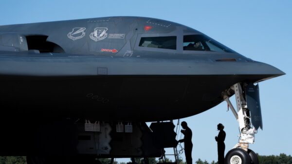 A U.S. Air Force pilots assigned to the 393rd Bomb Squadron prepare a B-2 Spirit aircraft for hot-pit refueling at Pease Air National Guard Base, New Hampshire, Sept. 20, 2025. The aircraft is the first operated by the 509th Bomb Wing to land at Pease ANGB, formerly Pease Air Force Base, since the 509 BW, formerly 509th Bombardment Wing, was stationed at Pease AFB and the active-duty base closed nearly 35 years ago. The lineage of the 509th BW traces back to the World War II Era when the 509th Composite Group dropped the atomic bombs on Japan. (U.S. Air Force photo by Staff Sgt. Joshua Hastings)