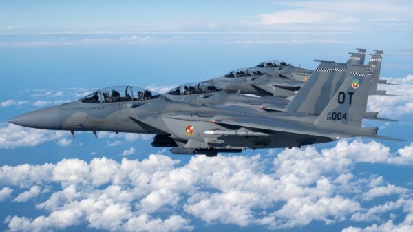 A formation of four U.S. Air Force F-15EX Eagle II fighter jets, assigned to Eglin Air Force Base, Florida, fly over the Gulf of America, Nov. 21, 2025. Secretary of the Air Force Troy Meink flew in the backseat of the lead jet as part of his visit to Eglin AFB. The flight oriented Meink to F-15EX tactics, techniques and procedures being developed and advanced by the 53d Wing to include weapons capacity, next-gen survivability, and next-generation radars, sensors and networking capabilities. (U.S. Air Force photo by Staff Sgt. Blake Wiles)