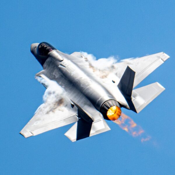 U.S. Air Force Maj. Melanie "Mach" Kluesner, pilot of the F-35A Demonstration Team, performs aerial maneuvers at the Wings and Eagles Airshow at Kingsley Field, Oregon, on July 19, 2025. The demonstration team travels across the country to showcase the power and precision of the world’s most advanced 5th-generation fighter jet. (U.S. Air Force photo by Senior Airman Nicholas Rupiper)