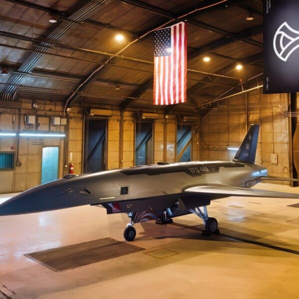 A YFQ-44A production representative test vehicle is staged in a testing chamber at Costa Mesa, Calif. The YFQ-44A, developed by Anduril, is one of two production representative test vehicles which will be critical in securing air dominance for the Joint Force in future conflicts, leveraging autonomous capabilities and crewed-uncrewed teaming to defeat enemy threats in contested environments. (Courtesy photo)