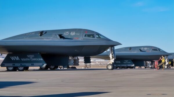 Three B-2 Spirit stealth bombers prepare for departure during Exercise Bamboo Eagle at Nellis Air Force Base, Nevada, Feb. 10, 2025. Bamboo Eagle incorporates multiple mission scenarios, preparing aircrews for complex operational challenges. (U.S. Air Force photo by Senior Airman Bryson Sherard.)