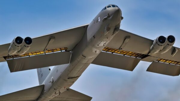 A B-52 Stratofortress assigned to the 2nd Bomb Wing takes off for a Red Flag 21-3 training mission at Nellis Air Force Base, Nevada, July 21, 2021. RF-Nellis 21-3 is unlike any previous Red Flags, as the 414th Combat Training Squadron builds upon the most challenging Red Flags in recent history. (U.S. Air Force photo by Tech. Sgt. Alexandre Montes)