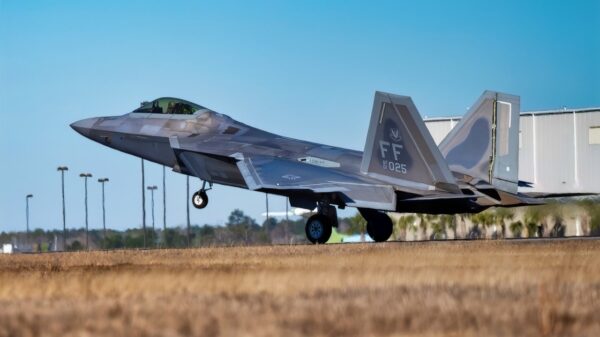 A U.S. Air Force F-22 Raptor aircraft assigned to the 1st Fighter Wing, Joint Base Langley-Eustis, lands on the runway during Sentry Savannah 25-1, at the Air Dominance Center, Savannah Air National Guard Base, Georgia, Jan. 17, 2025. Sentry Savannah is the Air National Guard’s premier fourth- and fifth-generation fighter integration exercise, with this year’s event involving more than 1,000 participants and 56 aircraft from eight flying units. (U.S. Air National Guard photo by Senior Airman Xaviera Stevens)