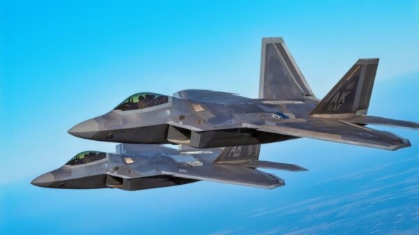 Two U.S. Air Force F-22 Raptors assigned to the 90th Expeditionary Fighter Squadron conduct a two-ship formation during the NATO Air Shielding media day, Oct. 12, 2022 at Łask Air Base, Poland. The Raptors uphold the Air Shielding mission alongside Polish F-16s and Italian Eurofighter Typhoons. The event showcased the importance of NATO’s Air Shielding mission and the interoperability among the U.S. and NATO Allies to international media through trilateral aerial demonstrations and interviews with service members. The U.S. remains dedicated to our security commitments with our NATO Alliance and postured to defend NATO territory. (U.S. Air Force photo by Staff Sergeant Danielle Sukhlall)