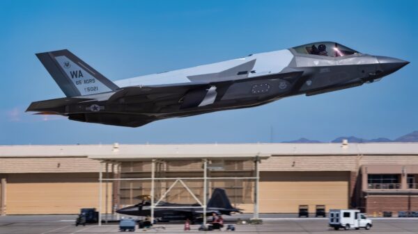 An F-35A Lightning II flown by a 65th Aggressor Squadron (AGRS) pilot takes off for its first flight with a new paint scheme at Nellis Air Force Base, Nevada, May 26, 2022. The mission of the 65 AGRS is to know, teach and replicate fifth-generation air adversaries tactics. (U.S. Air Force photo by Airman 1st Class Josey Blades)
