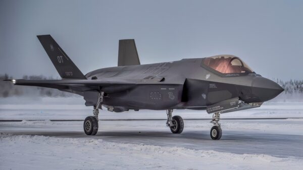 A U.S. Air Force F-35A Lightning II sits on the flight line during pre-Initial Operational Testing and Evaluation on Jan. 23, 2018, at Eielson Air Force Base, Alaska. All three variants of the F-35 were brought to Eielson to test their ability to operate in an extreme cold-weather environment. (U.S. Air Force photo by Airman 1st Class Isaac Johnson)