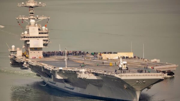 NEWPORT NEWS, Va. (Oct. 25, 2019) USS Gerald R. Ford (CVN 78) gets underway for the first time since beginning its post-shakedown availability July 2018. Ford is currently conducting sea trials, a comprehensive test of the ship's systems and technologies. (U.S. Navy photo by Mass Communication Specialist 3rd Class Connor Loessin)