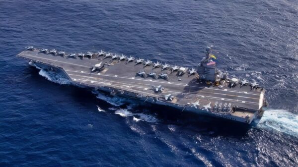 The first-in-class aircraft carrier USS Gerald R. Ford (CVN 78) steams in the Atlantic Ocean, Nov. 7, 2022. Exercise Silent Wolverine is a U.S.-led, combined training exercise that tests Ford-class aircraft carrier capabilities through integrated high-end naval warfare scenarios alongside participating allies in the Eastern Atlantic Ocean. The Gerald R. Ford Carrier Strike Group is conducting their first deployment in the U.S. Naval Forces Europe area of operations. (U.S. Navy photo by Mass Communication Specialist 3rd Class Jacob Mattingly)