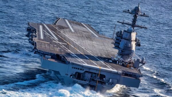 ATLANTIC OCEAN (Oct. 29, 2019) USS Gerald R. Ford (CVN 78) conducts high-speed turns in the Atlantic Ocean. Ford is at sea conducting sea trials following the in port portion of its 15 month post-shakedown availability. (U.S. Navy photo by Mass Communication Specialist 3rd Class Connor Loessin)