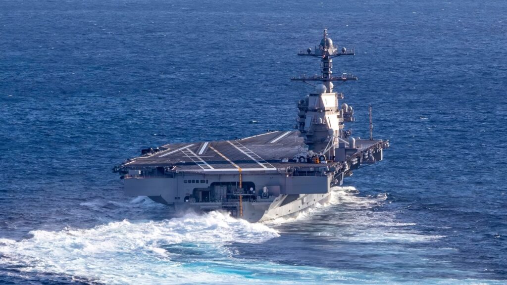 ATLANTIC OCEAN (Oct. 29, 2019) USS Gerald R. Ford (CVN 78) conducts high-speed turns in the Atlantic Ocean. Ford is at sea conducting sea trials following the in port portion of its 15 month post-shakedown availability. (U.S. Navy photo by Mass Communication Specialist 3rd Class Connor Loessin)