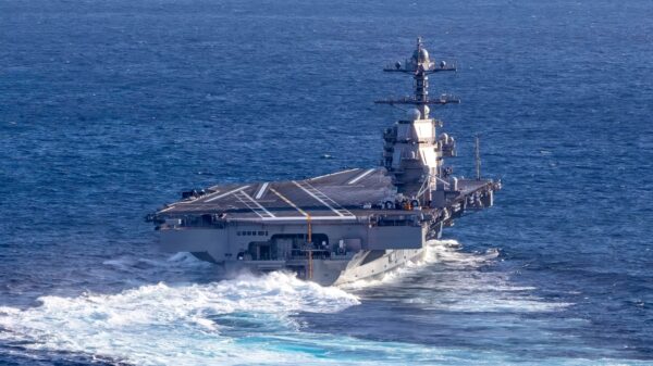 ATLANTIC OCEAN (Oct. 29, 2019) USS Gerald R. Ford (CVN 78) conducts high-speed turns in the Atlantic Ocean. Ford is at sea conducting sea trials following the in port portion of its 15 month post-shakedown availability. (U.S. Navy photo by Mass Communication Specialist 3rd Class Connor Loessin)
