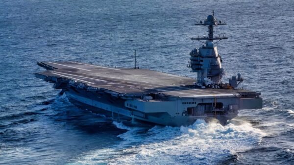 ATLANTIC OCEAN (Oct. 29, 2019) USS Gerald R. Ford (CVN 78) conducts high-speed turns in the Atlantic Ocean. Ford is at sea conducting sea trials following the in port portion of its 15 month post-shakedown availability. (U.S. Navy photo by Mass Communication Specialist 3rd Class Connor Loessin)