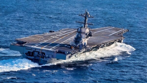 ATLANTIC OCEAN (Oct. 29, 2019) USS Gerald R. Ford (CVN 78) conducts high-speed turns in the Atlantic Ocean. Ford is at sea conducting sea trials following the in port portion of its 15 month post-shakedown availability. (U.S. Navy photo by Mass Communication Specialist 3rd Class Connor Loessin)