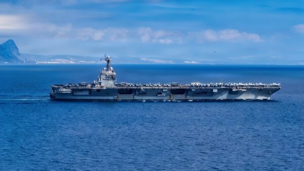The world’s largest aircraft carrier, USS Gerald R. Ford (CVN 78), transits the Strait of Gibraltar, Oct. 1, 2025. Gerald R. Ford, a first-in-class aircraft carrier and deployed flagship of Carrier Strike Group Twelve, is on a scheduled deployment in the U.S. 6th Fleet area of operations to support the warfighting effectiveness, lethality and readiness of U.S. Naval Forces Europe-Africa, and defend U.S., Allied and partner interests in the region. (U.S. Navy photo by Mass Communication Specialist Seaman Apprentice Alyssa Joy)